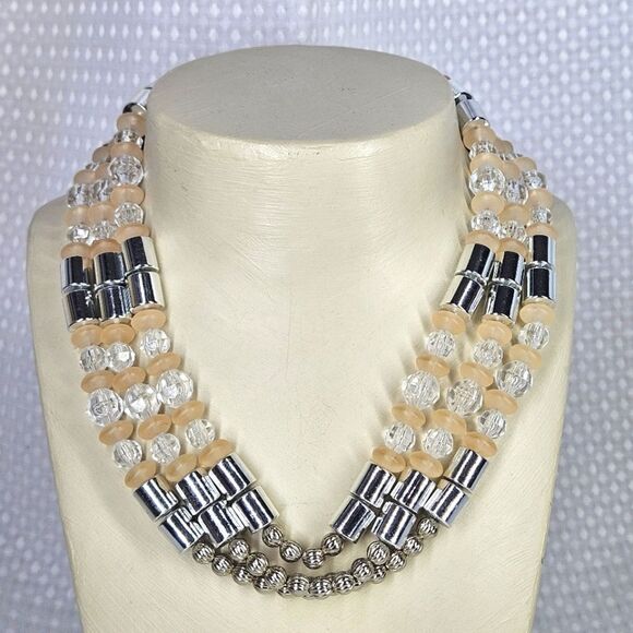 Dramatic Triple Strand Acrylic Beaded Necklace - Peach & Silver - Picture 3 of 10